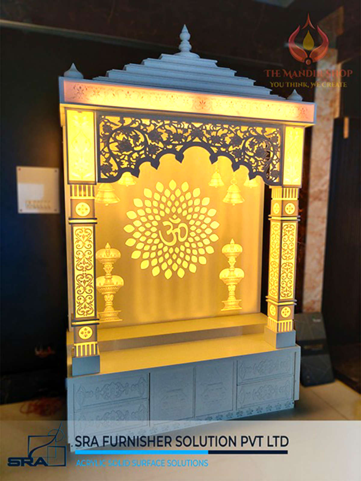 Corian Designer Mandir with Backlit
Searching Temple, Don’t worry you are just one call away  9953700622, 9560748602

Size (L x D x H ):60″ x 24″ x 102″
Durability: Stain Resistance: Sheets, Fungus and Bacteria Resistance, Boiling Water Resistant, High Temperature Resistance, sturdy, durable mandir
Lighting: Long Lasting, Hi illumination LED lighting
Cleaning: Easy to Clean
Usage/Application: Residential, Industrial & Commercial
Provide Installation: Yes
Corian Designer Mandir with Backlit 
 #corian  #corianmandir #architecture #interiordesign #fabrication #manufacturing #construction 
#bathroom #countertops #featurewall #backlit #lghausys #acrylicsolidsurface 
#solidsurface #interiordesigns #furnituremanufacturer #bathroomvanity #design  
#kitchendesign #interiordesigner #furniture #furniture #homedesign #corian   #temple