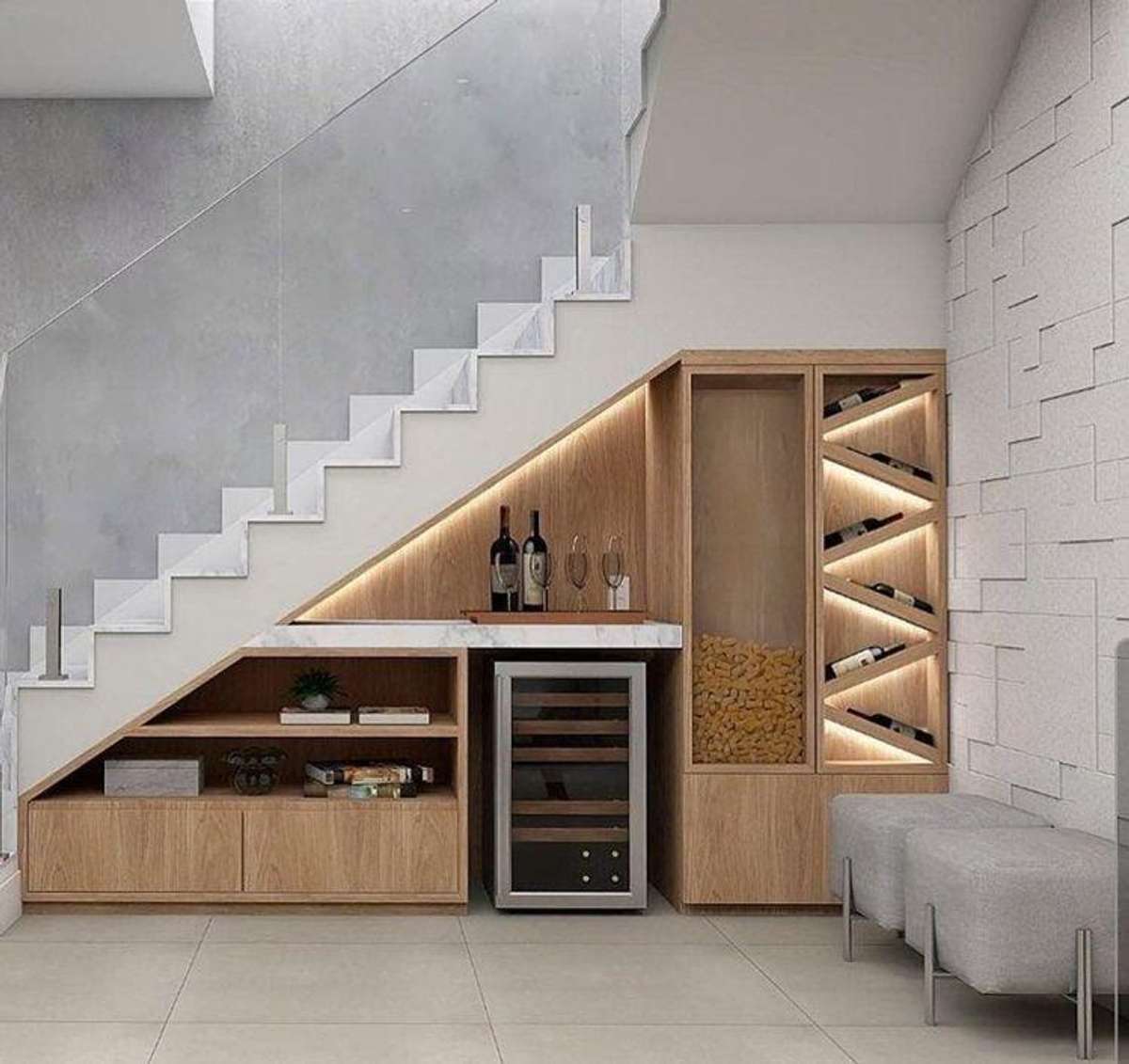 Ideas to utilise space under staircase. For architectural plans    and Interior design contact us @A&P Projects
#Architect #InteriorDesigner #StaircaseDecors #creative #HouseConstruction #callon8287002506