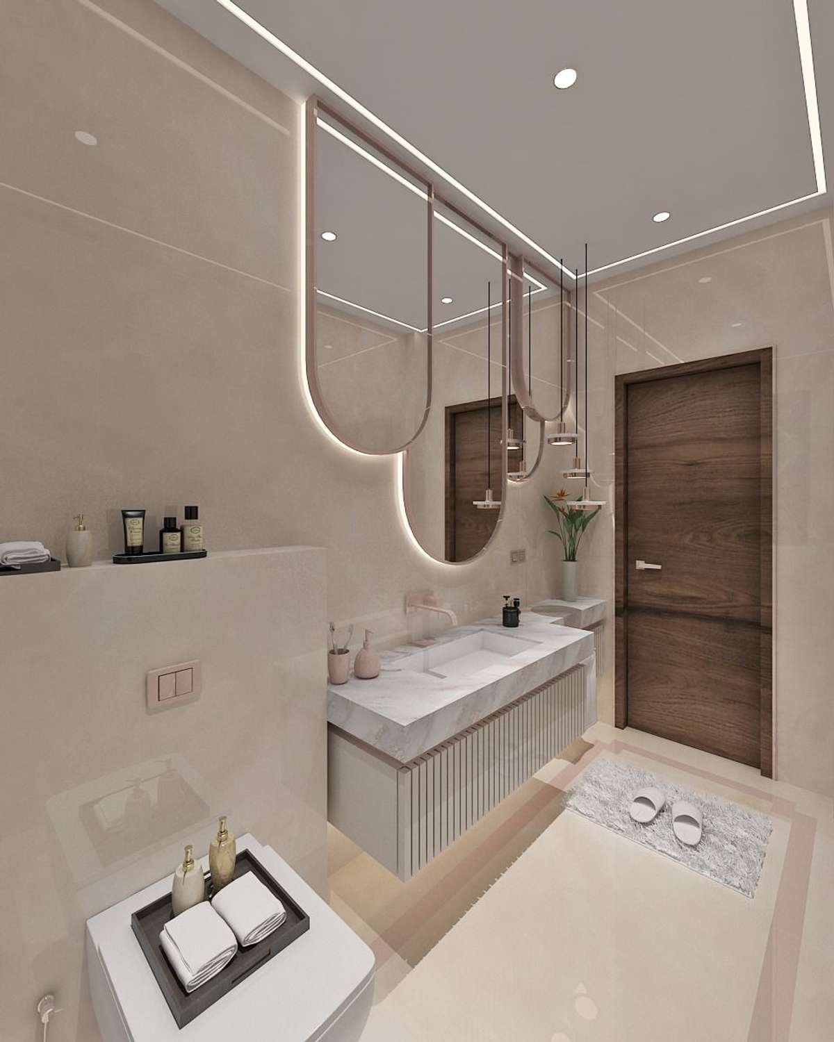 Bathroom decor #BathroomDesigns #InteriorDesigner  #BathroomRenovation #modernbathroom #wallhangWC_ #wc #vanitycountertop #LED_Sensor_Mirror #BathroomTIles #ceiling 