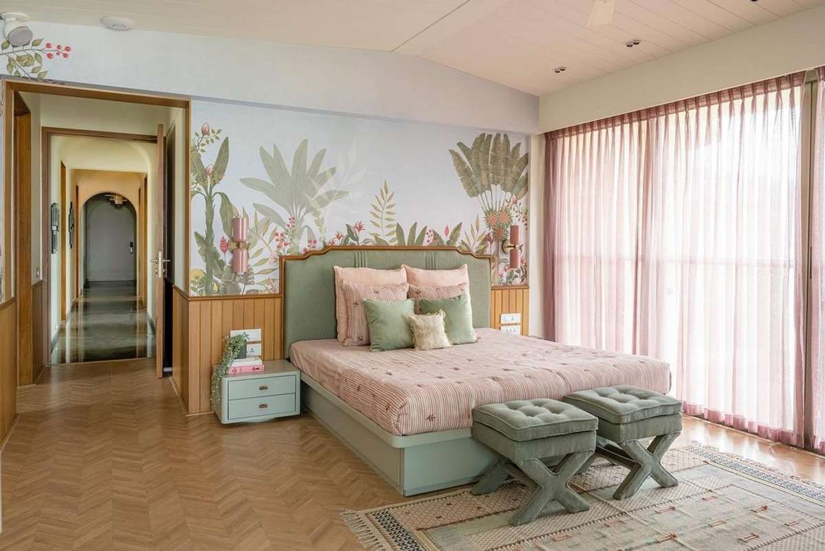 The master bedroom in the 'house of form and flow' follows the pastel palette of the common spaces, yet it's distinctly different with lots of prints and patterns.
 #BedroomDecor #MasterBedroom #KingsizeBedroom #BedroomDesigns #BedroomIdeas #WoodenBeds #bedroominterio