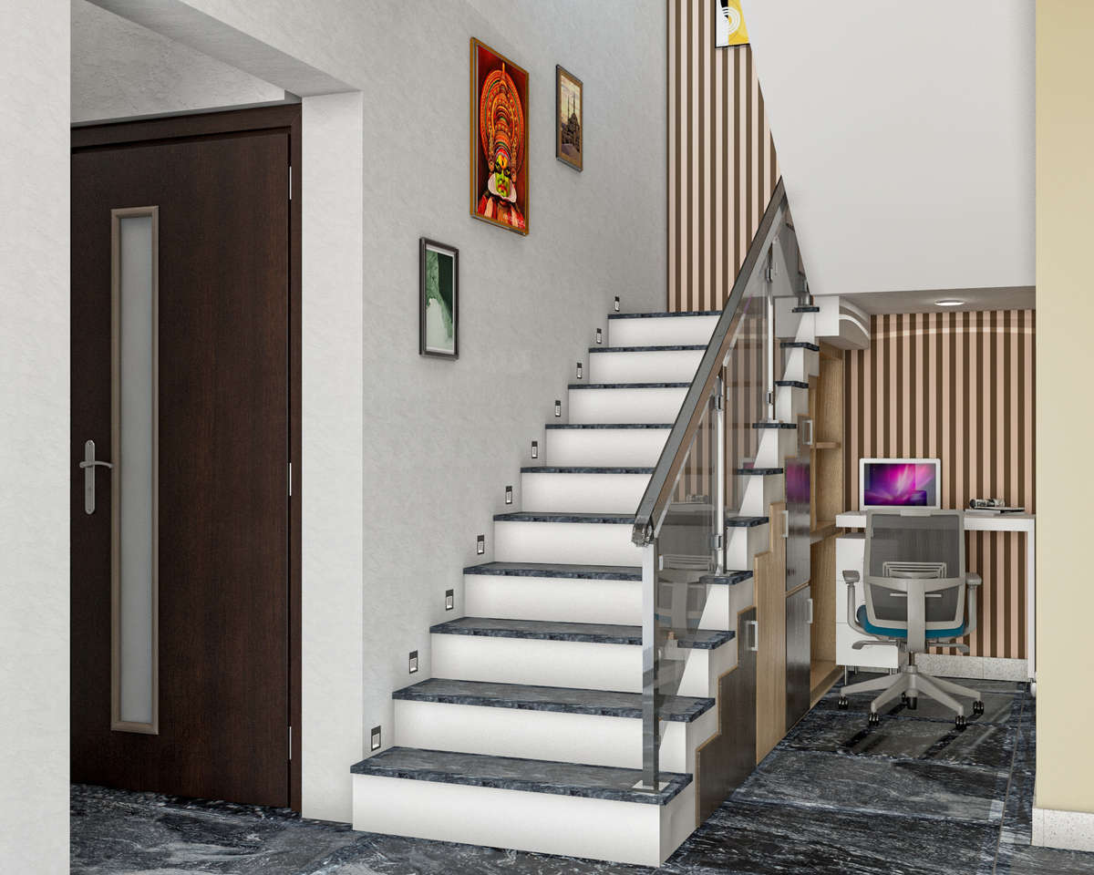 Staircase Design ðŸ¥°
Glassed steel handrail
.
 contact us for 3D interior views at reasonable rate
9037386734
.
 #StaircaseDecors  #LivingroomDesigns  #GlassHandRailStaircase  #FlooringTiles  #studytable  #cubboard  #step  #Photoframe  #zebra  #TexturePainting  #whiteprimerwaterbase  #DoorDesigns