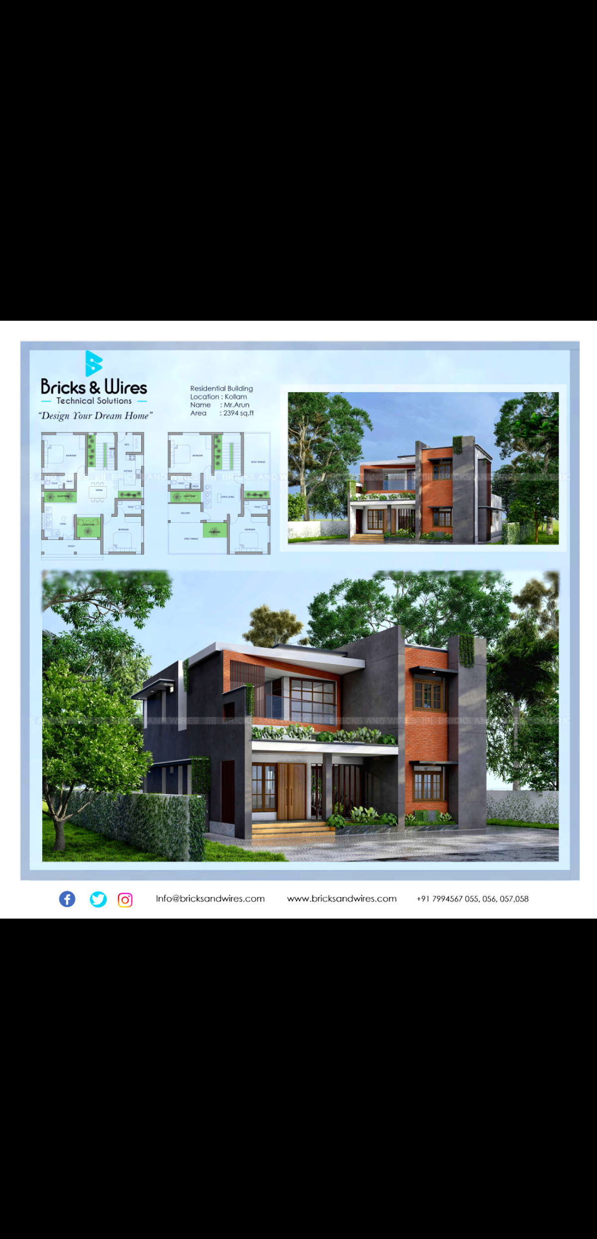 "Beauty perishes in life, but is immortal in art"-Leonardo Da Vinci
A four Bedroom House designed for our client Mr. Arun
Total area:2394 sqft
Place:Kollam

 #Architect #architecturedesigns #exteriors #InteriorDesigner #HouseDesigns #Designs #exteriordesing #exteriordesigns #exterior3D #ElevationHome #FloorPlans #HouseConstruction #bricksandwires