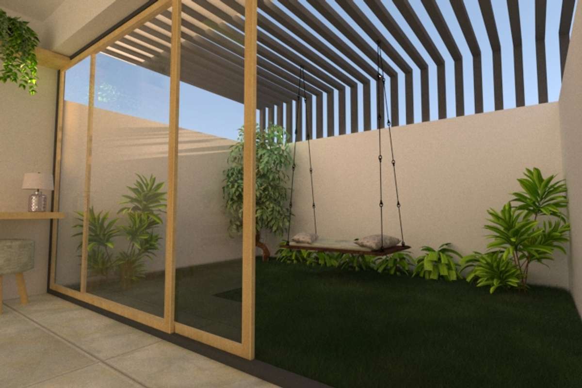 #KeralaStyleHouse #LivingroomDesigns #GlassDoors #cortiyard #HouseDesigns #3d #3D_ELEVATION #jaliwork #sittingarea  #grass #IndoorPlants