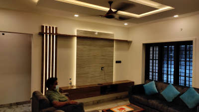 Ceiling, Living, Lighting, Storage Designs by Interior Designer Favourite Kitchen Raj Mohan, Thiruvananthapuram | Kolo