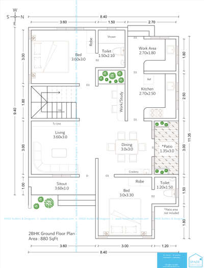 Floor Plan of 880 SqFt 2BHK House with Interior Layout
ഈ | Kolo