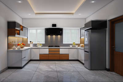 Ceiling, Flooring, Kitchen, Lighting, Storage Designs by Interior Designer Riyas K S, Kottayam | Kolo