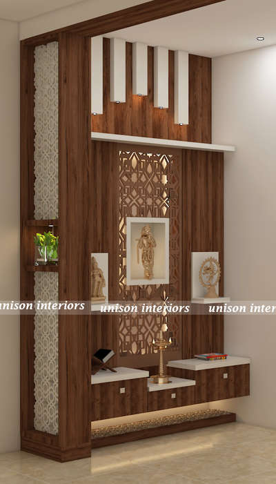 Prayer Room, Storage, Lighting Designs by Interior Designer Unison Interiors, Kottayam | Kolo
